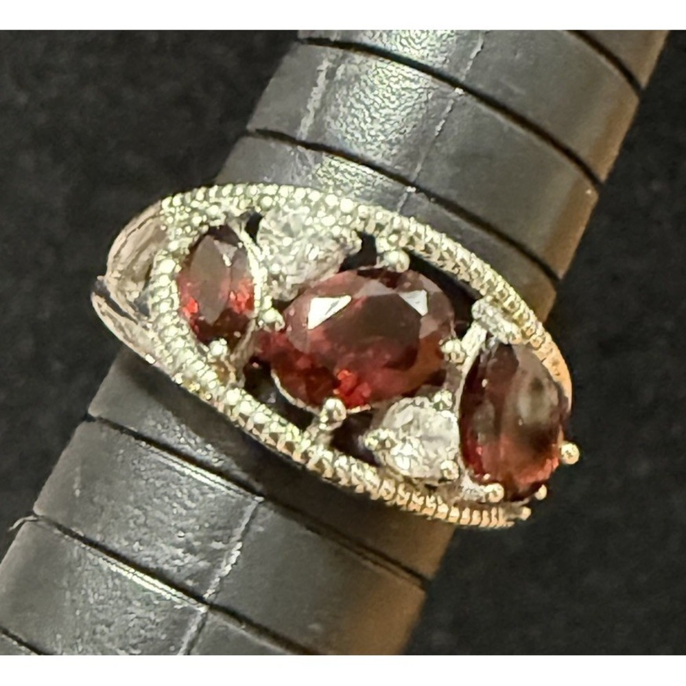925 Garnet White Zircon Ring Size 7 Cocktail Accent Sterling Silver Vintage Look